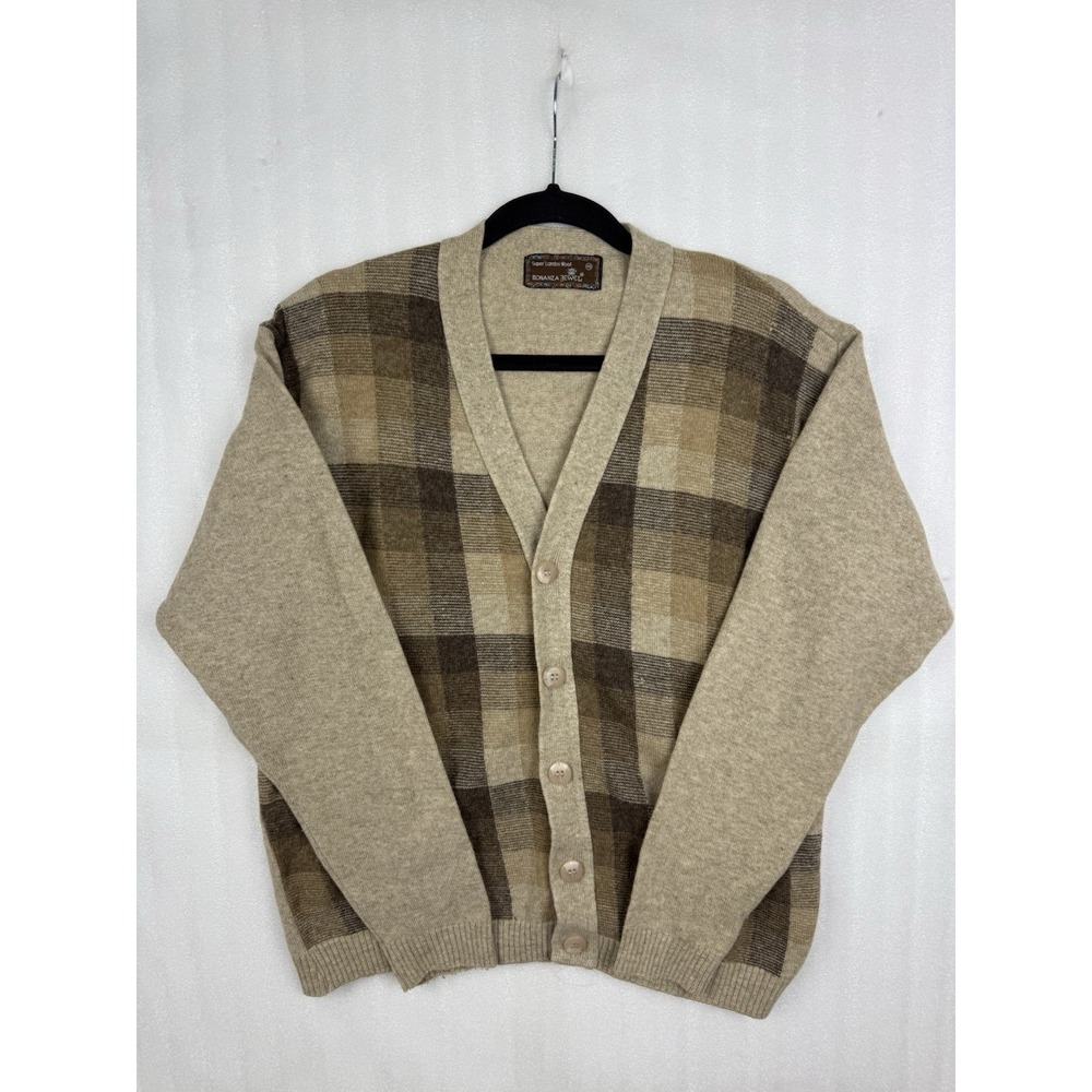VTG Bonanza Jewel Super Lambswool Cardigan Sweater Mens Sz. 40 (M) Plaid Brown